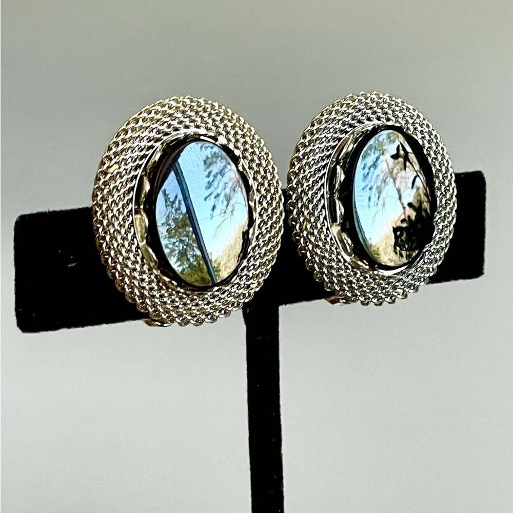 Vintage Black Glass Cabochon Mirror Clip Earrings Silver Rope Chain Textured EUC